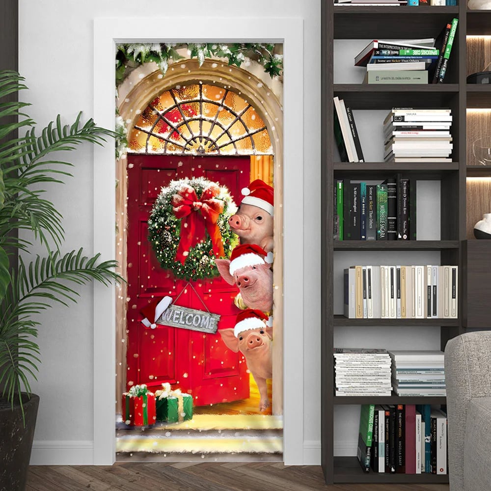 Farmhouse Pig Christmas Door Cover, Unique Gifts Doorcover, Housewarming Gifts, Christmas Gift