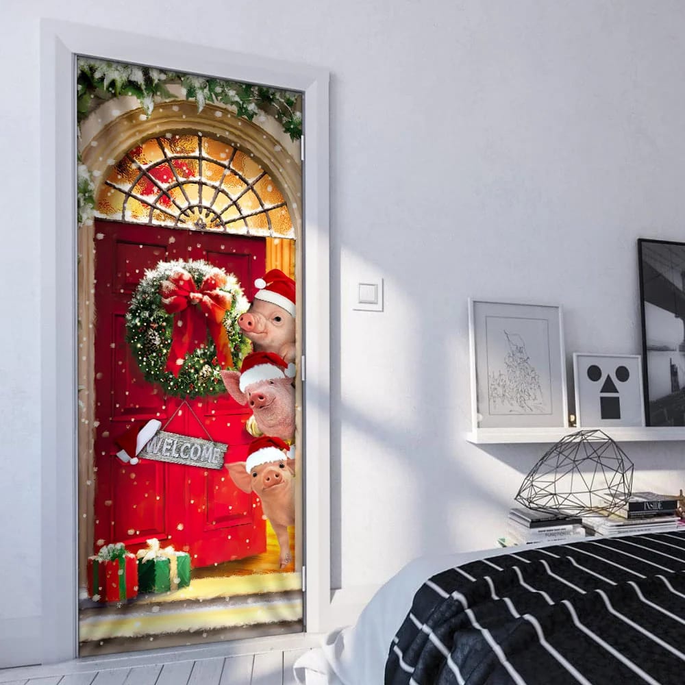 Farmhouse Pig Christmas Door Cover, Unique Gifts Doorcover, Housewarming Gifts, Christmas Gift