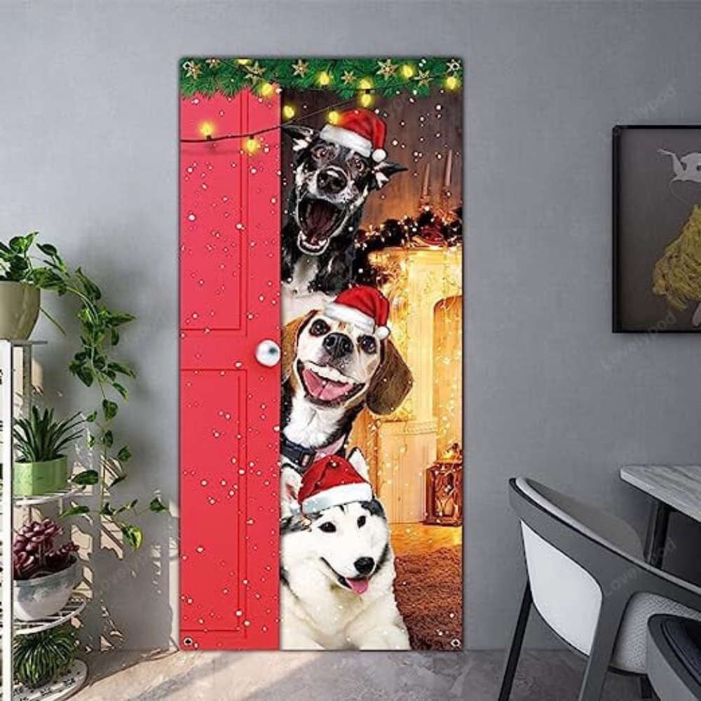 Festive Santa Dogs Merry Christmas Door Cover, Xmas Party Supplies, Christmas Gift Festive Santa Dogs Merry Christmas Door Cover, Xmas Party Supplies, Christmas Gift