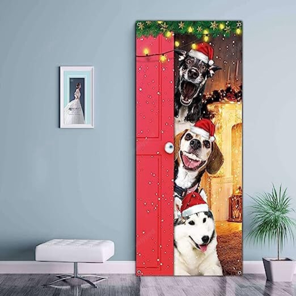 Festive Santa Dogs Merry Christmas Door Cover, Xmas Party Supplies, Christmas Gift Festive Santa Dogs Merry Christmas Door Cover, Xmas Party Supplies, Christmas Gift