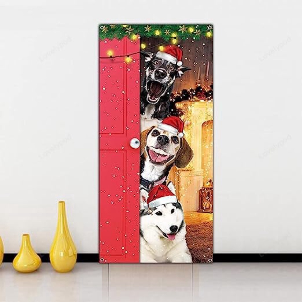 Festive Santa Dogs Merry Christmas Door Cover, Xmas Party Supplies, Christmas Gift Festive Santa Dogs Merry Christmas Door Cover, Xmas Party Supplies, Christmas Gift