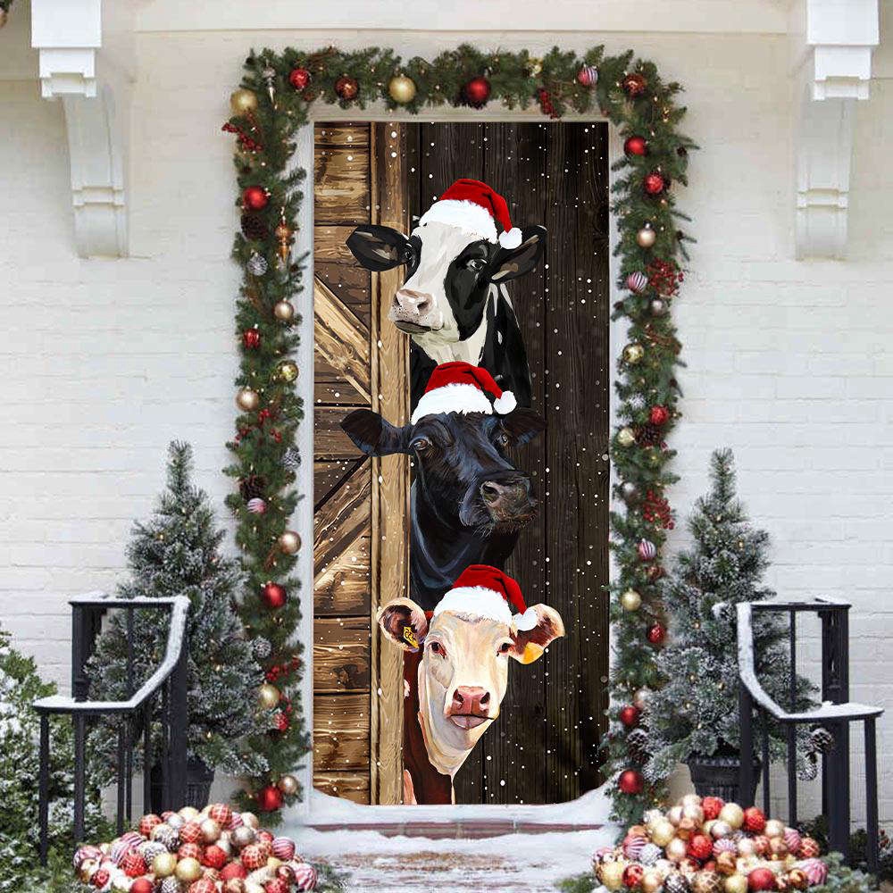 Funny Cow Merry Christmas Door Cover, Festive Cow Home Decor, Christmas Gift