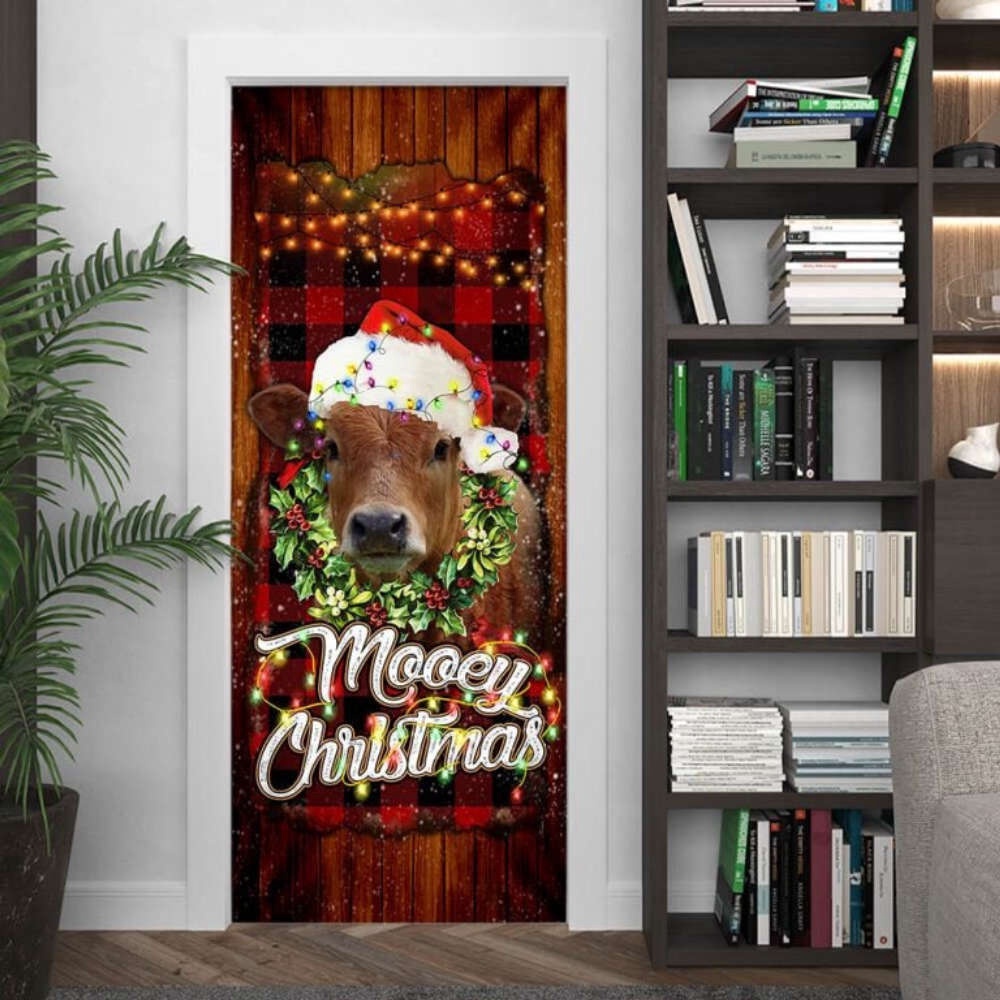 Funny Cow Merry Christmas Door Cover, Festive Cow Home Decor, Christmas Gift