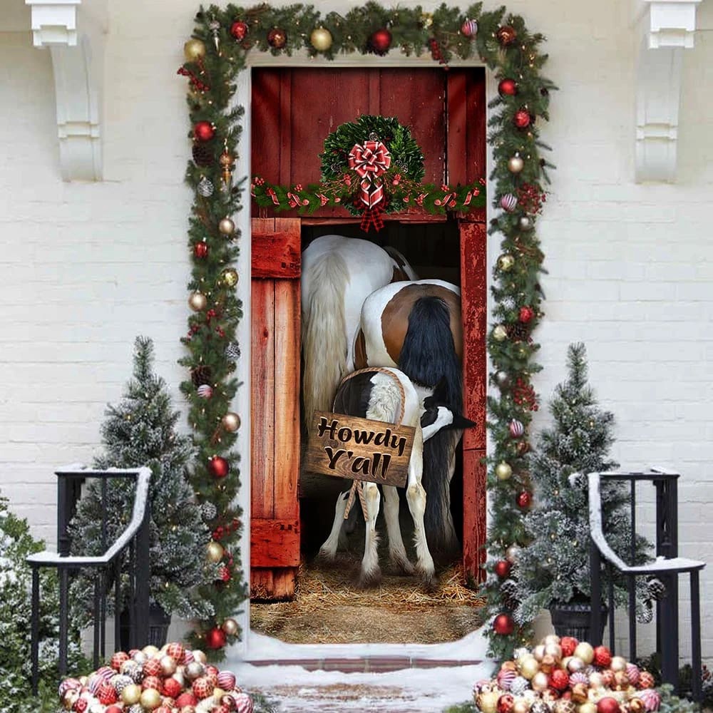 Funny Horse Howdy Y’all Door Cover, Unique Gifts Doorcover, Holiday Decor, Christmas Gift