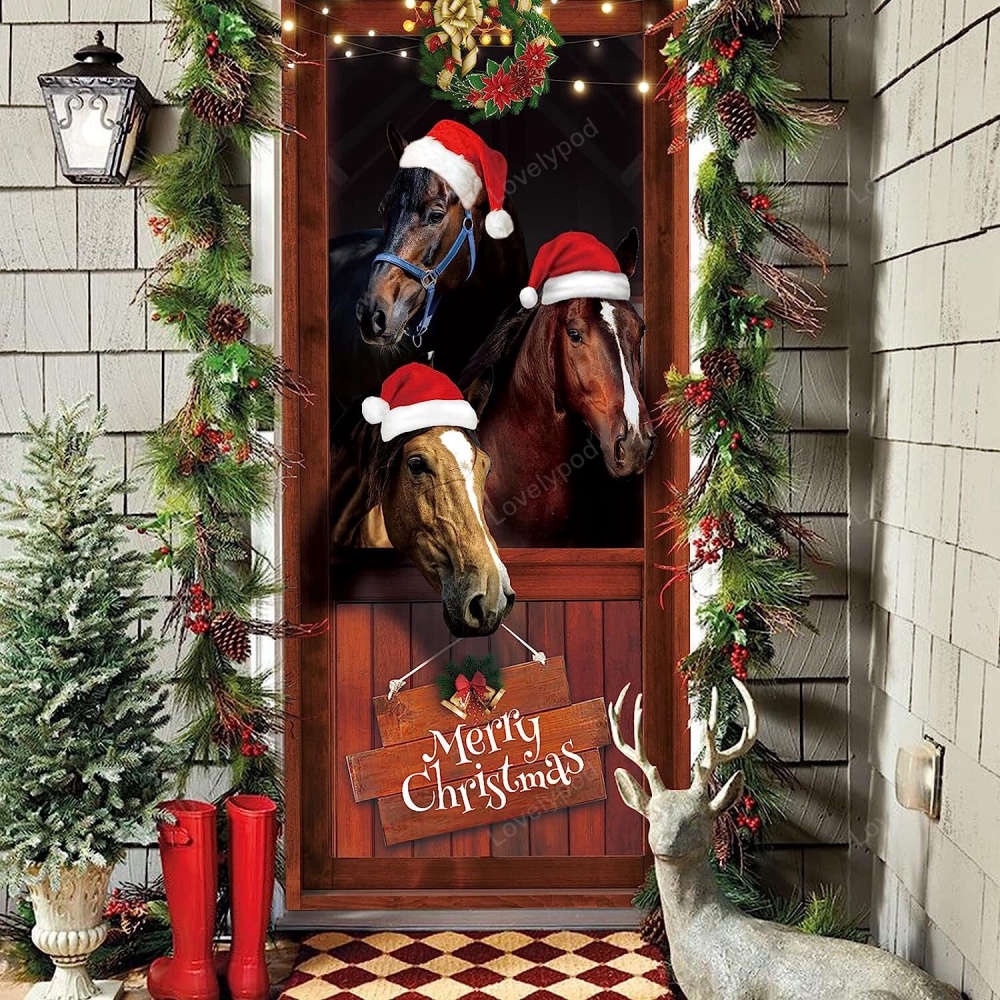Funny Horses Merry Christmas Door Cover Decoration, Farmhouse Santa Horses Door, Christmas Gift