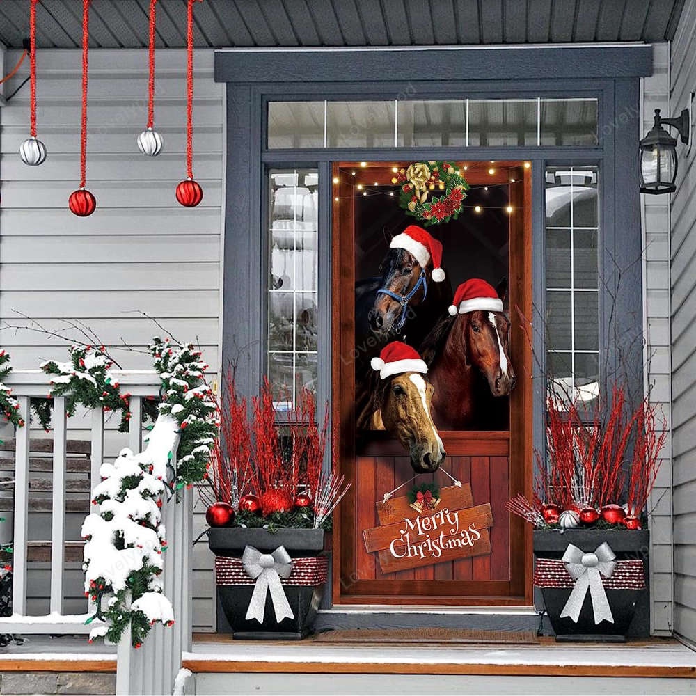 Funny Horses Merry Christmas Door Cover Decoration, Farmhouse Santa Horses Door, Christmas Gift