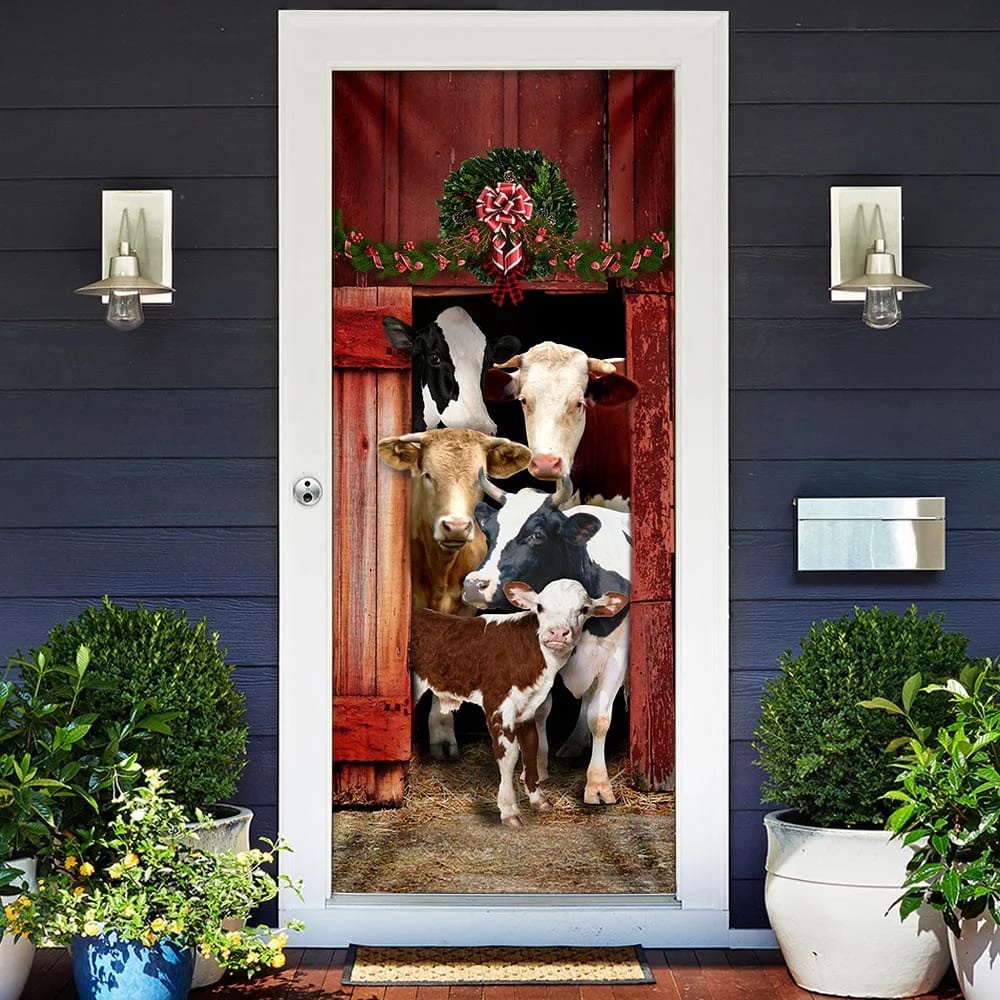 Happy Family Cattle Door Cover, Unique Gifts Doorcover, Holiday Decor, Christmas Gift