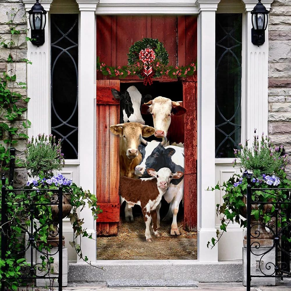 Happy Family Cattle Door Cover, Unique Gifts Doorcover, Holiday Decor, Christmas Gift