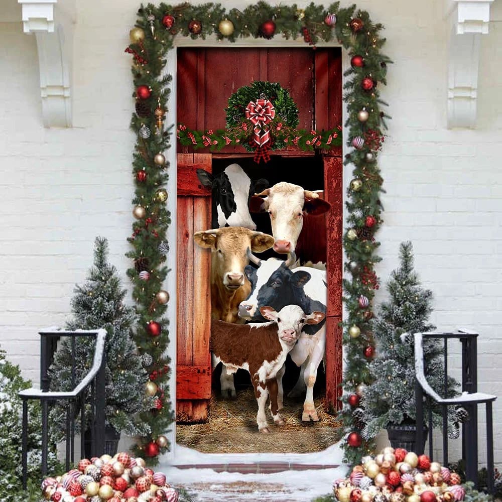 Happy Family Cattle Door Cover, Unique Gifts Doorcover, Holiday Decor, Christmas Gift