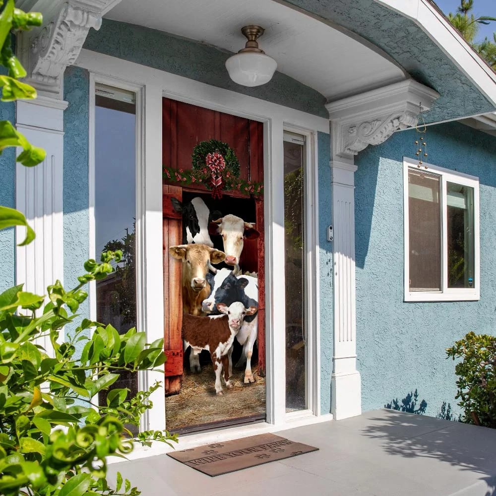 Happy Family Cattle Door Cover, Unique Gifts Doorcover, Holiday Decor, Christmas Gift