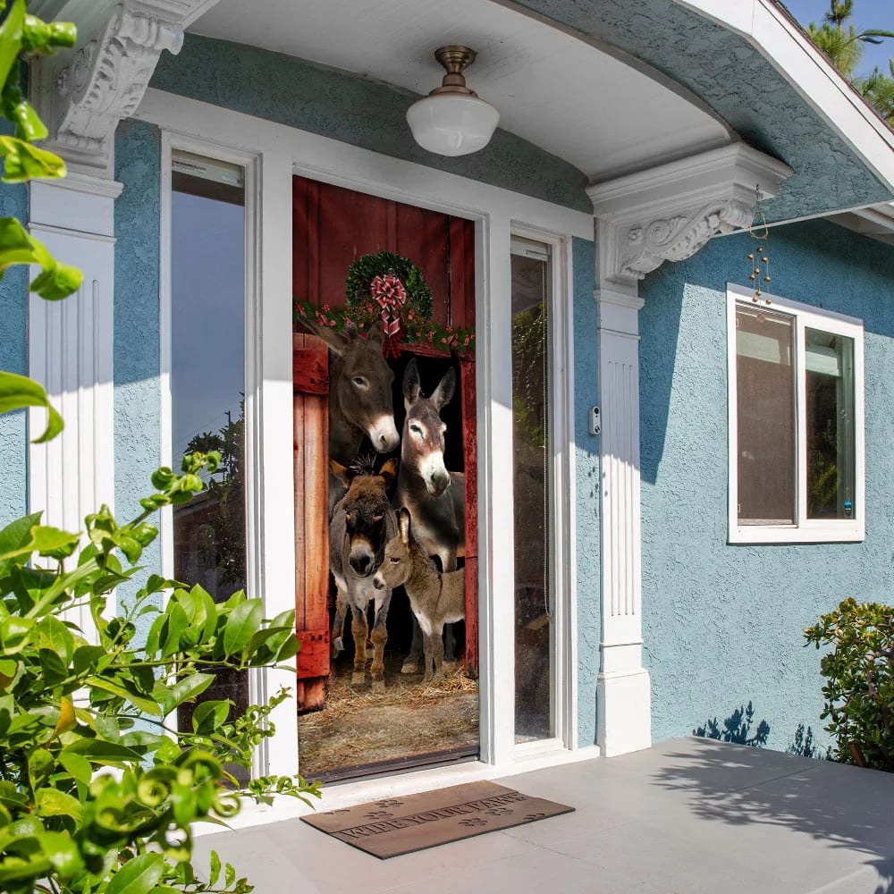 Happy Family Donkey Door Cover, Unique Gifts Doorcover, Holiday Decor, Christmas Gift