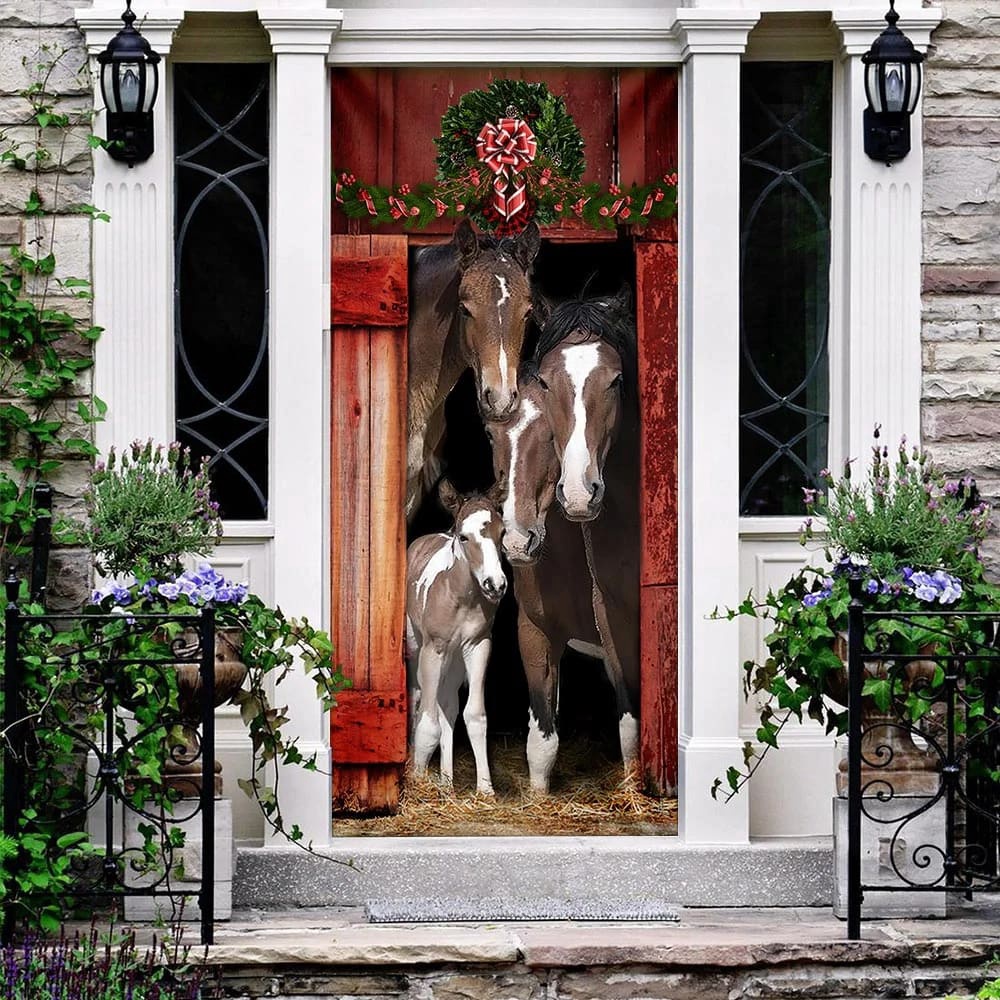 Happy Family Horse Door Cover, Unique Gifts Doorcover, Housewarming Gifts, Christmas Gift