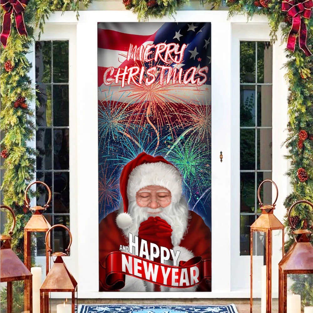 Happy New Year And Merry Christmas Door Cove, Christmas Outdoor Decoration, Unique Gifts Doorcover, Christmas Gift