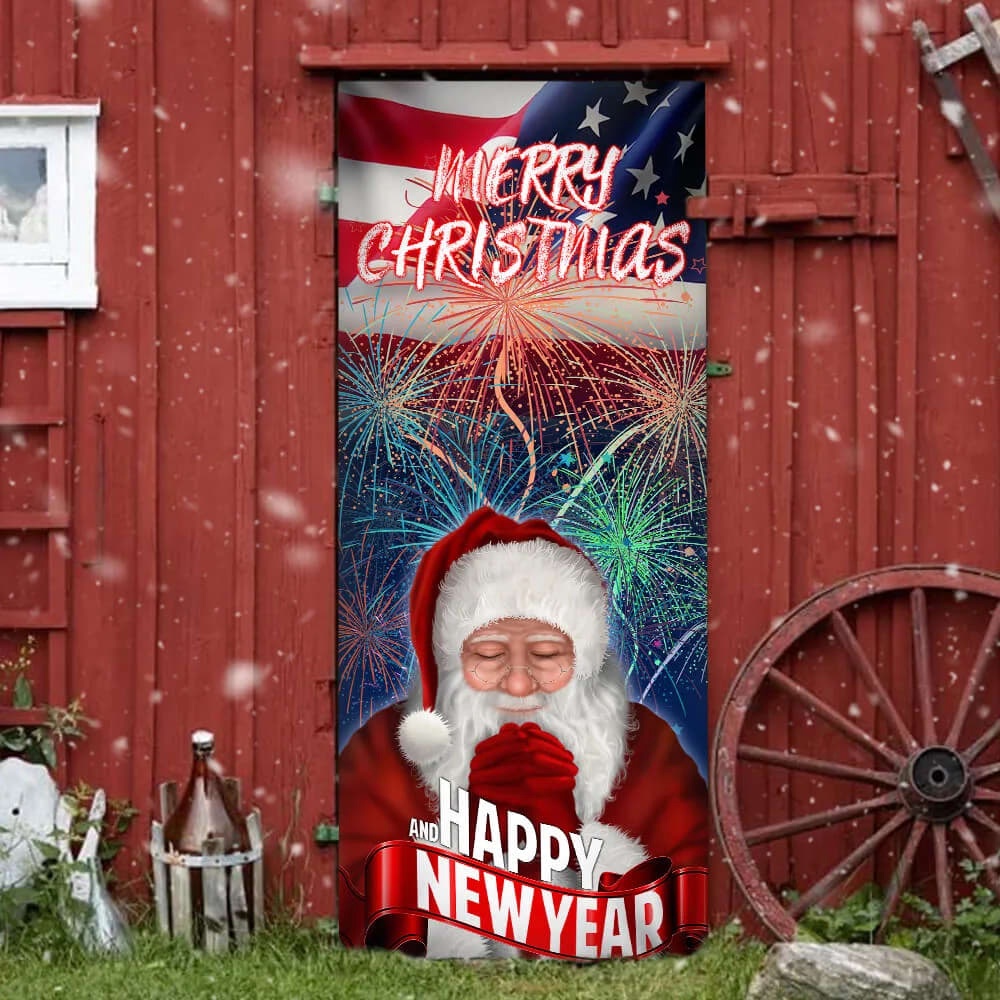 Happy New Year And Merry Christmas Door Cove, Christmas Outdoor Decoration, Unique Gifts Doorcover, Christmas Gift