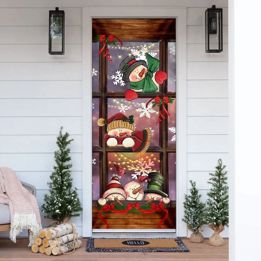 Happy Three Snowmen Door Cover, Door Christmas Cover, Christmas Outdoor Decoration, Unique Gifts Doorcover, Christmas Gift