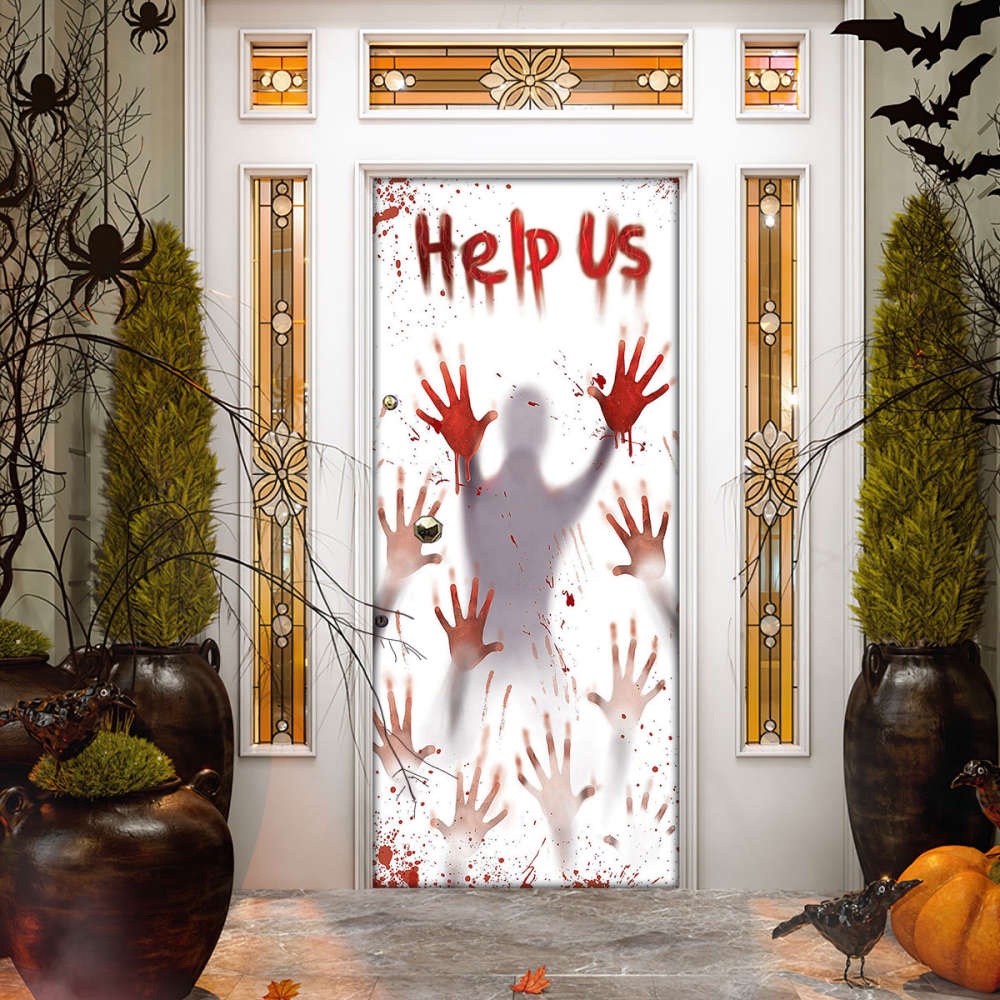 Horror Help Us Halloween Door Cover Decorations for Front Door, Christmas Gift