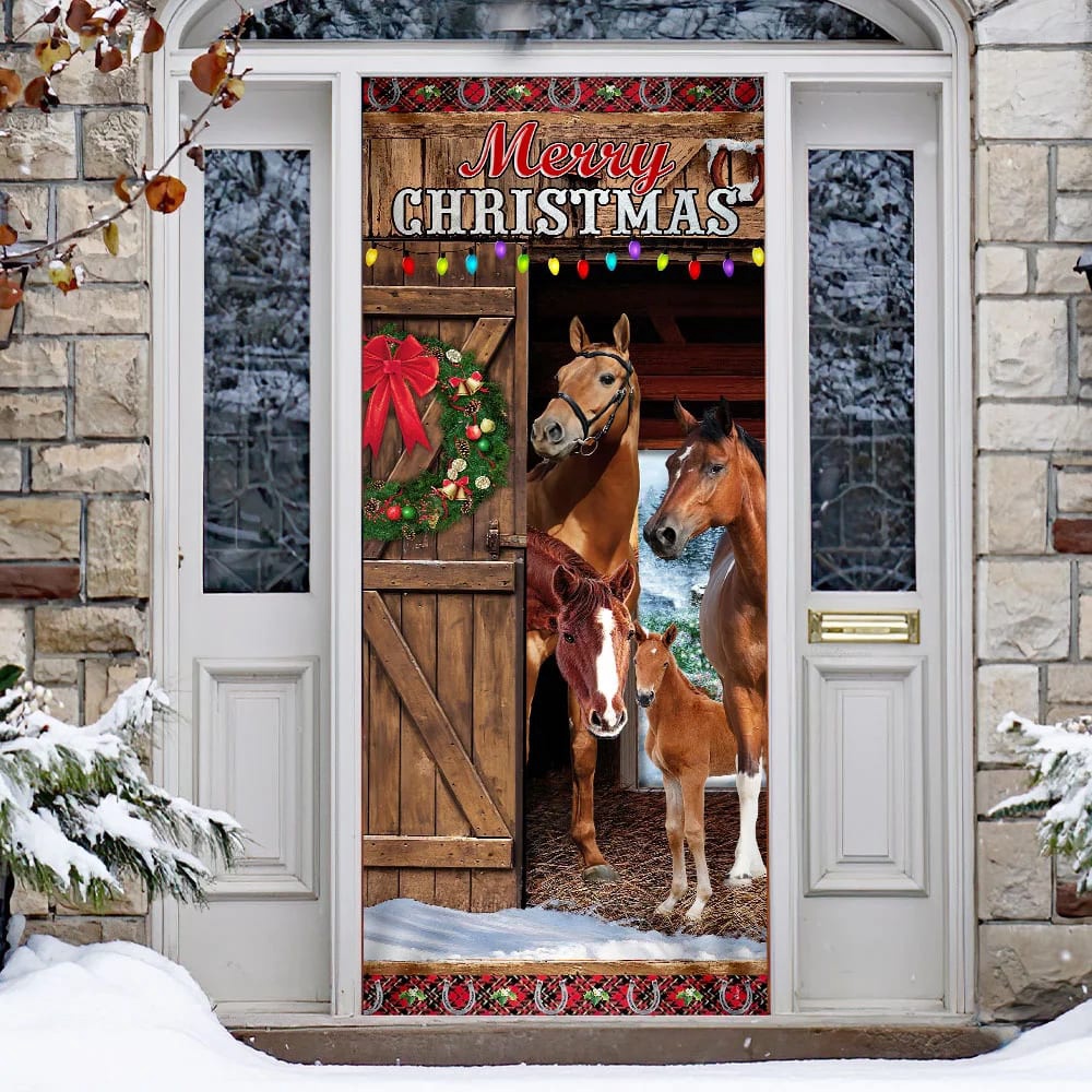 Horses Merry Christmas Door Cover, Christmas Horse Decor, Unique Gifts Doorcover, Christmas Gift