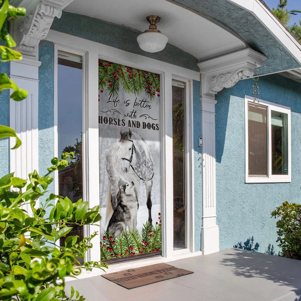 Life Is Better With Horses And Dogs Door Cover, Christmas Door Cover, Christmas Horse Decor, Christmas Gift