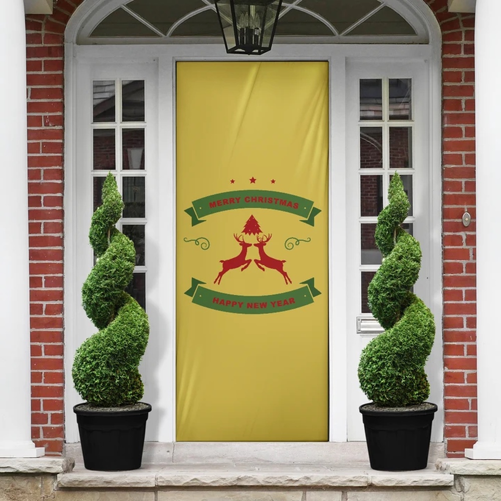 Merry Christmas And Happy New Year Background Yellow Color Door Cover, Gift For Christmas, Christmas Gift