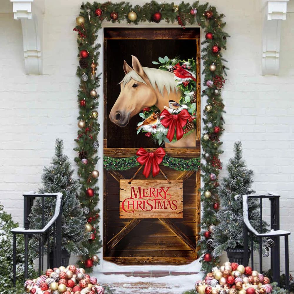 Merry Christmas Horse In Stable Door Cover, Christmas Horse Decor, Christmas Outdoor Decoration, Christmas Gift