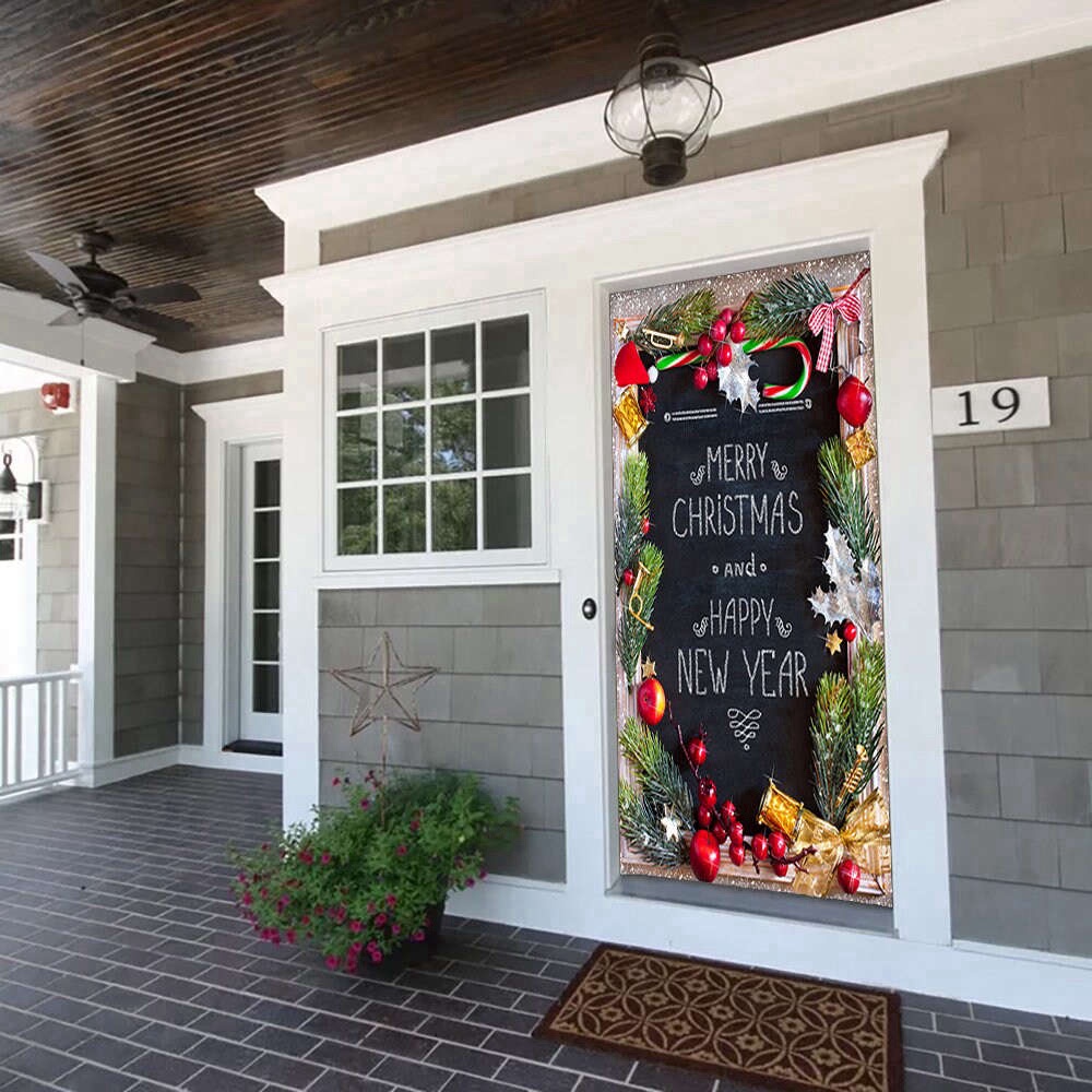 Merry Christmas and Happy New Year Door Decoration, Christmas Door Cover For Family, Christmas Gift
