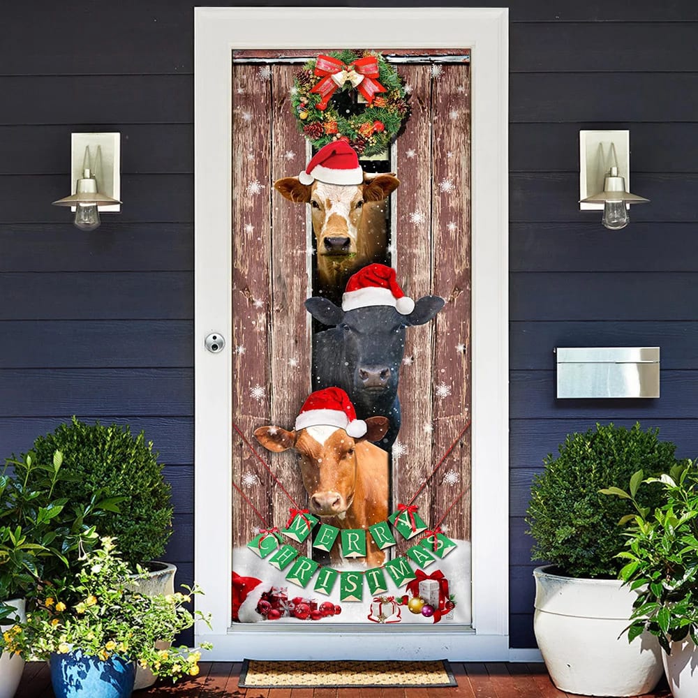 Moo-Ry Christmas Cow Door Cover, Unique Gifts Doorcover, Holiday Decor, Christmas Gift