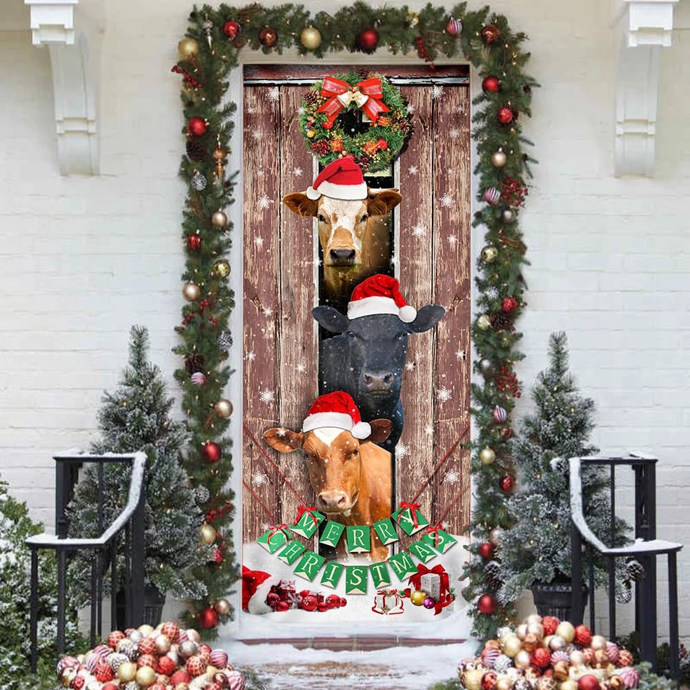 Moo-Ry Christmas Cow Door Cover, Unique Gifts Doorcover, Holiday Decor, Christmas Gift