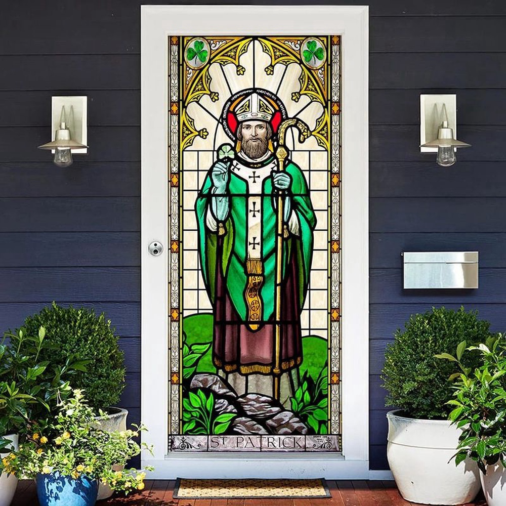 Patron Saint Of Ireland Stained Glass Door Cover St Patrick’s Day Christianity, Christmas Gift
