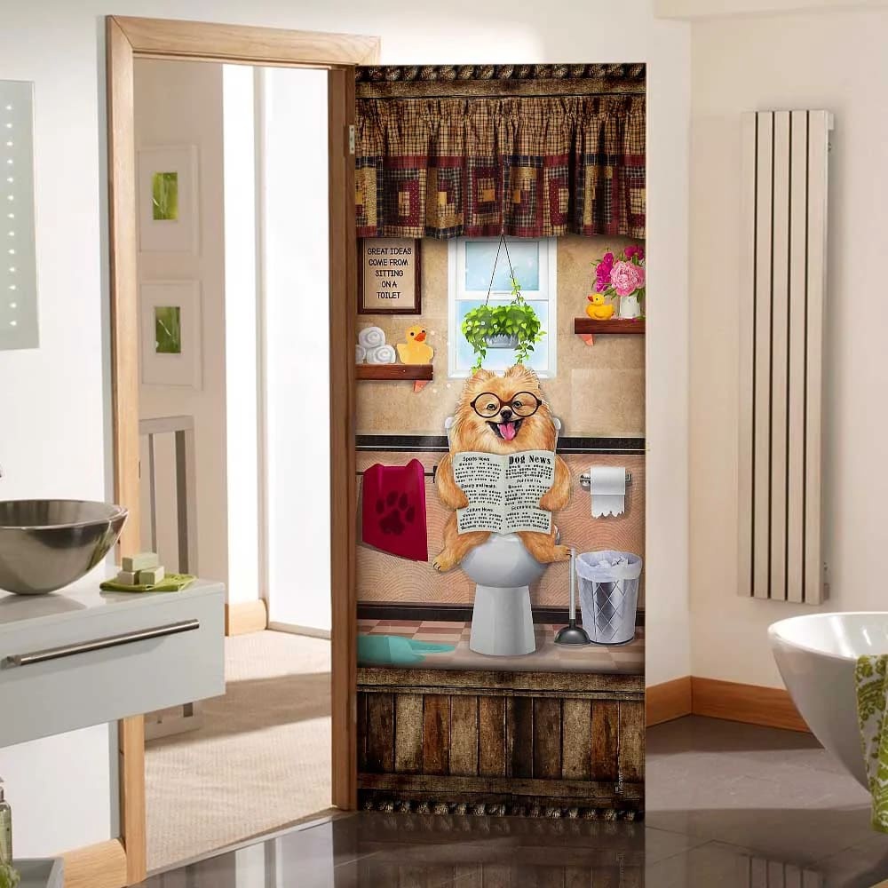 Pomeranian Puppy Sitting On A Toilet Door Cover, Xmas Outdoor Decoration, Gifts For Dog Lovers, Christmas Gift