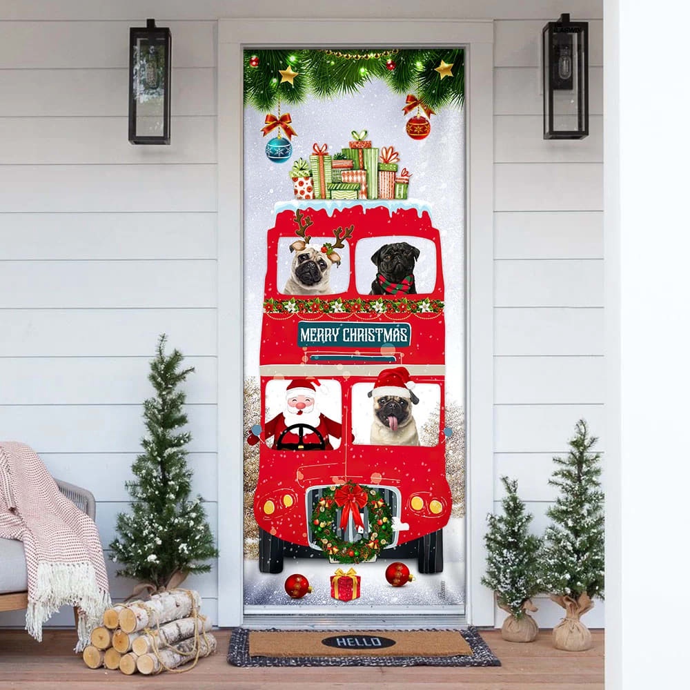 Pugs Christmas Bus Door Cover, Xmas Outdoor Decoration, Gifts For Dog Lovers, Housewarming Gifts, Christmas Gift