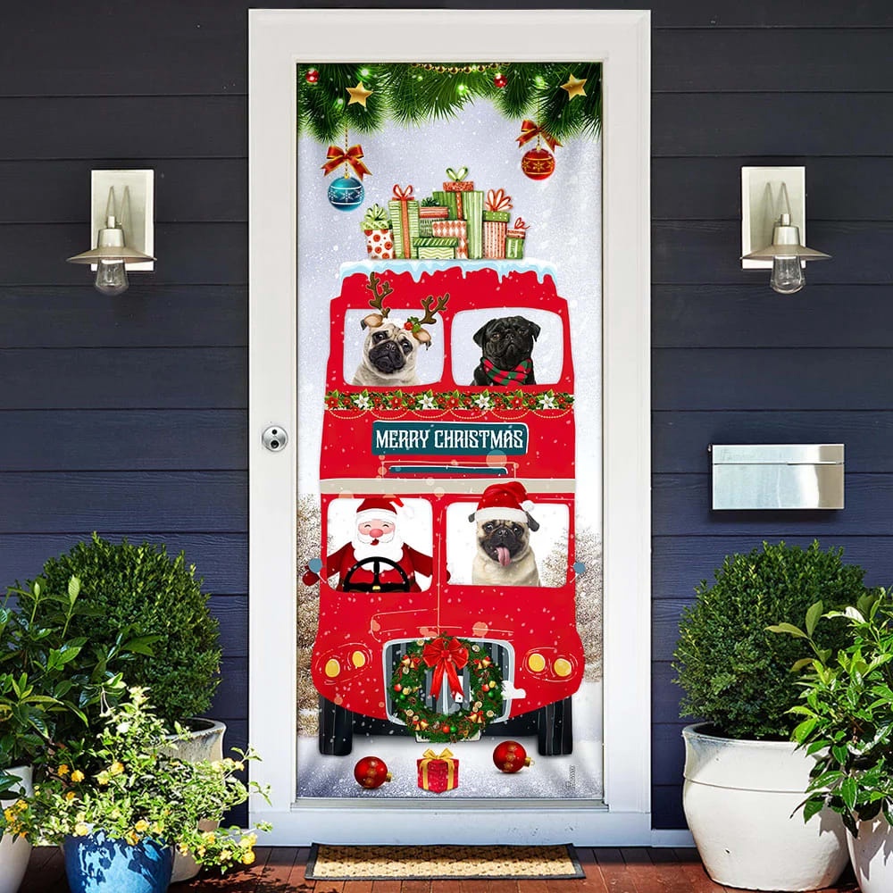 Pugs Christmas Bus Door Cover, Xmas Outdoor Decoration, Gifts For Dog Lovers, Housewarming Gifts, Christmas Gift