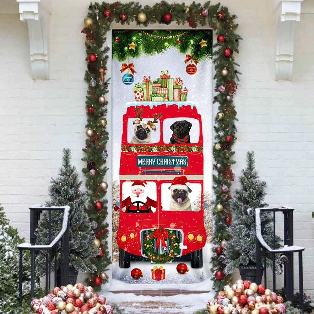 Pugs Christmas Bus Door Cover, Xmas Outdoor Decoration, Gifts For Dog Lovers, Housewarming Gifts, Christmas Gift