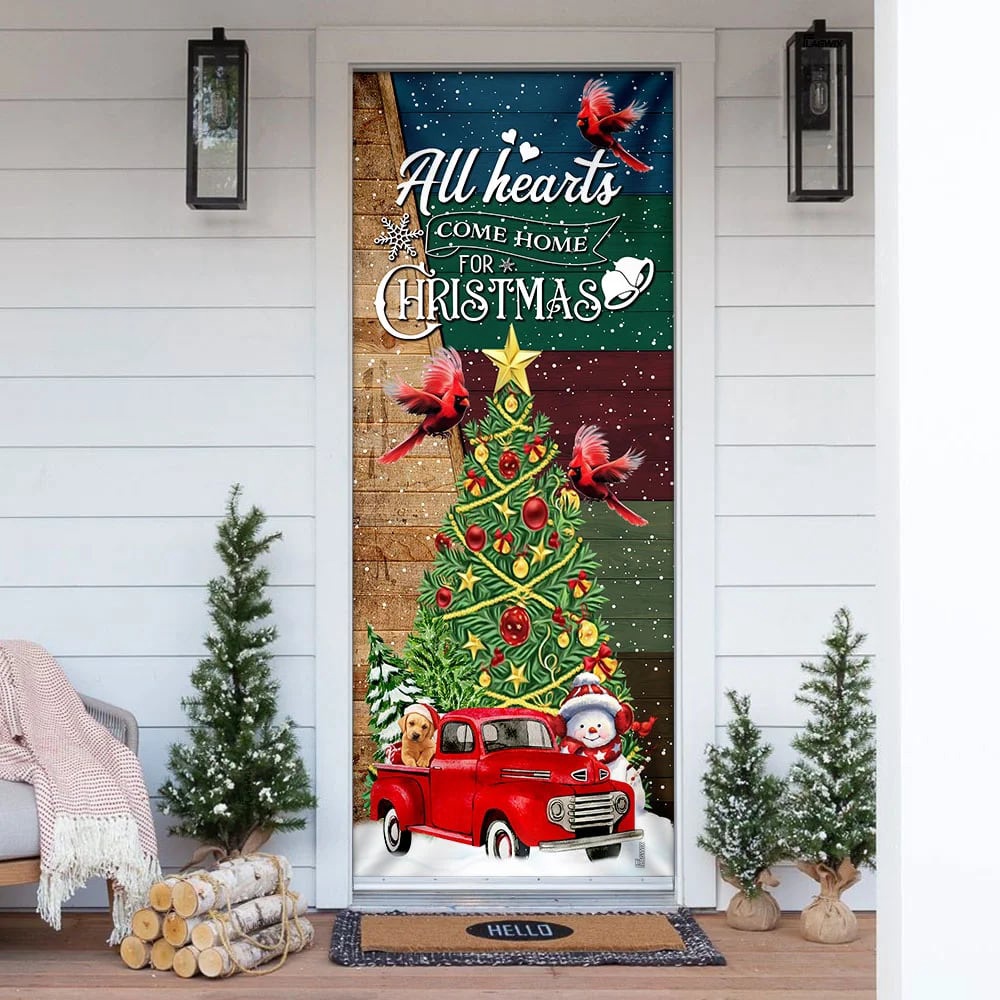 Red Truck Christmas Door Cover, All Hearts Come Home For Christmas Door Cover, Unique Gifts Doorcover, Christmas Gift