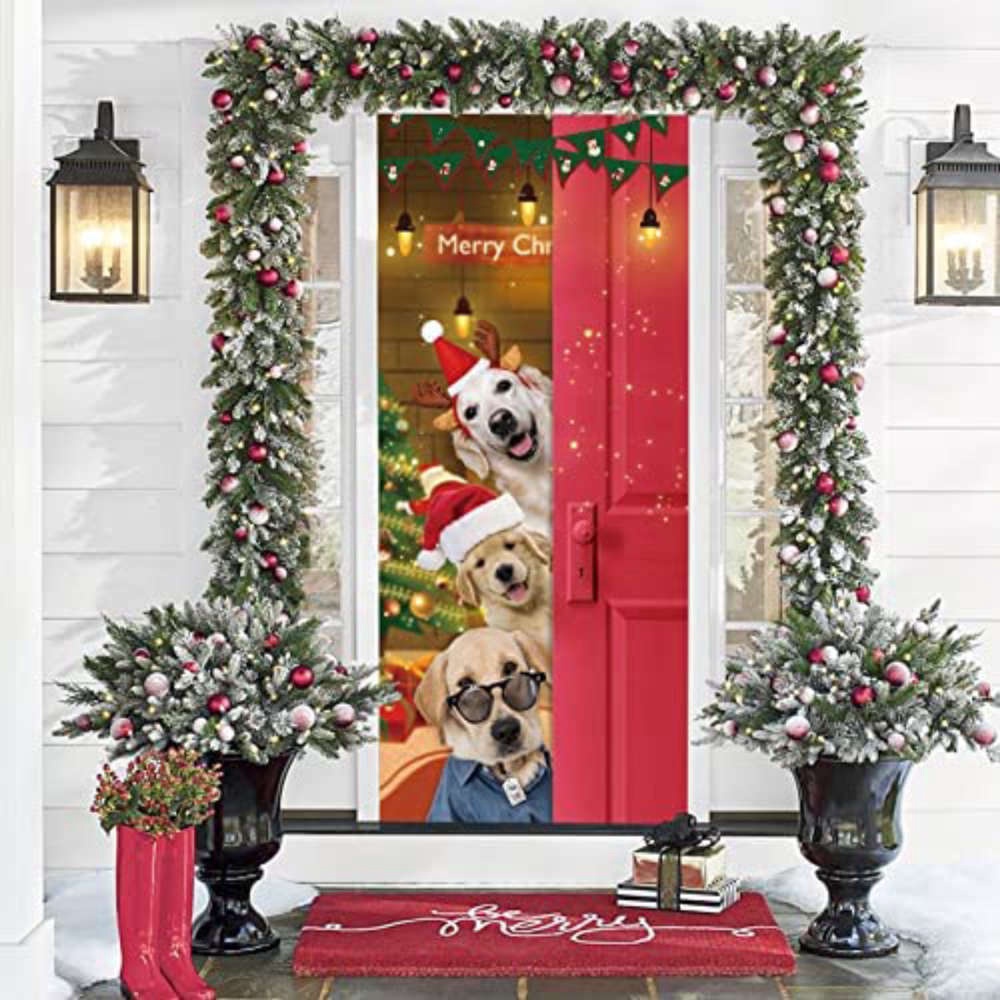 Santa Dogs Merry Christmas Door Cover Funny Dog Door Cover Christmas, Christmas Gift