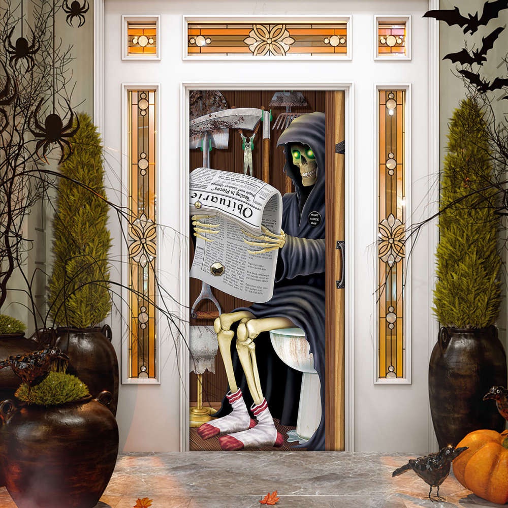 Skeleton on a Toilet Halloween Door Cover Decorations for Front Door, Christmas Gift