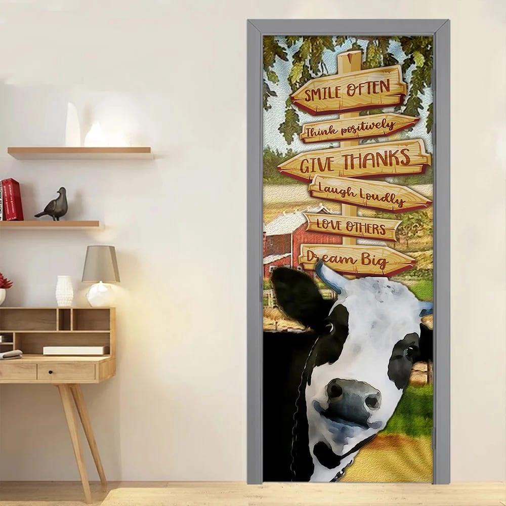 Smile Often Think Positively Laugh Loudly Cow Door Cover, Unique Gifts Doorcover, Christmas Gift
