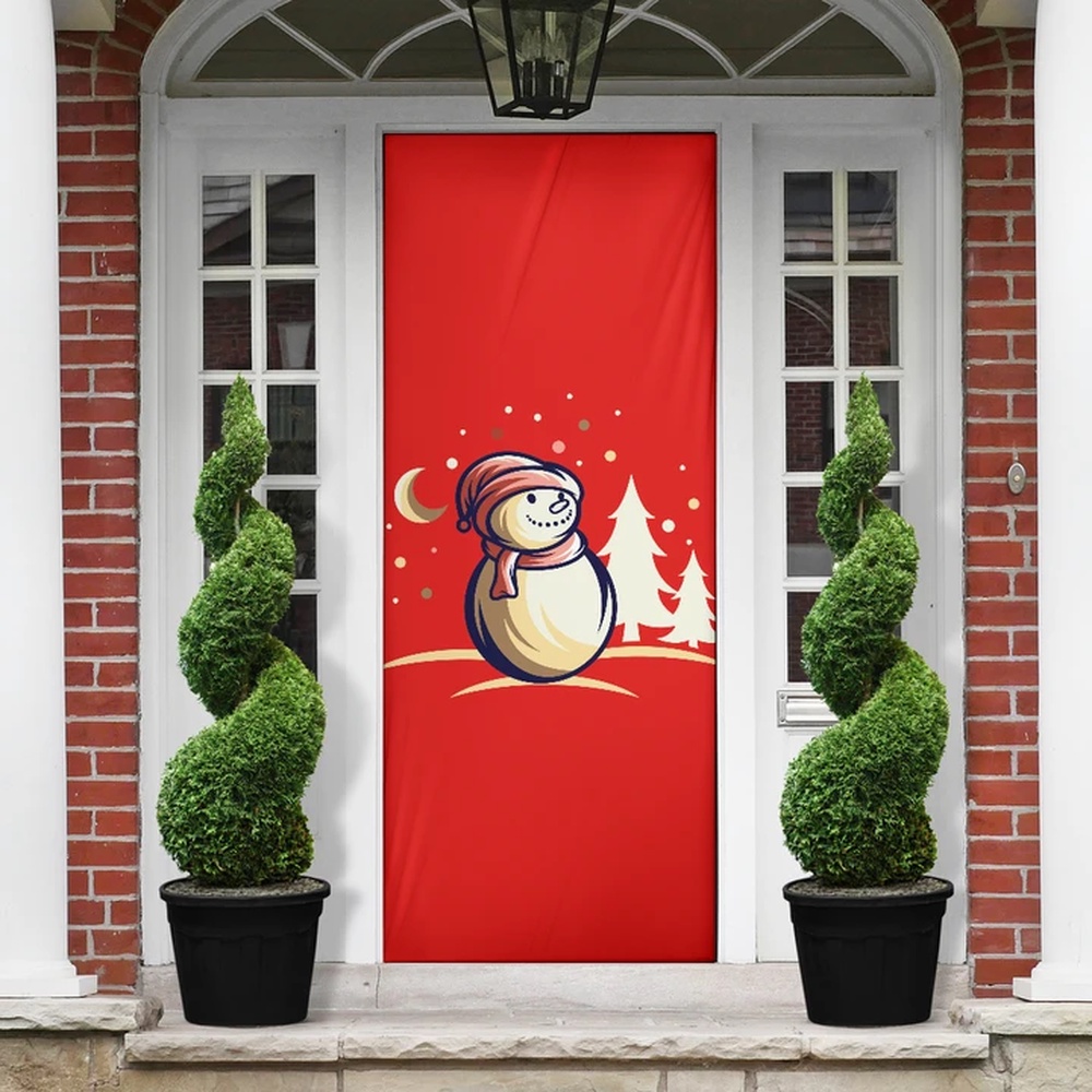 Snowman Background Red Christmas Door Cover, Gift For Christmas, Christmas Gift