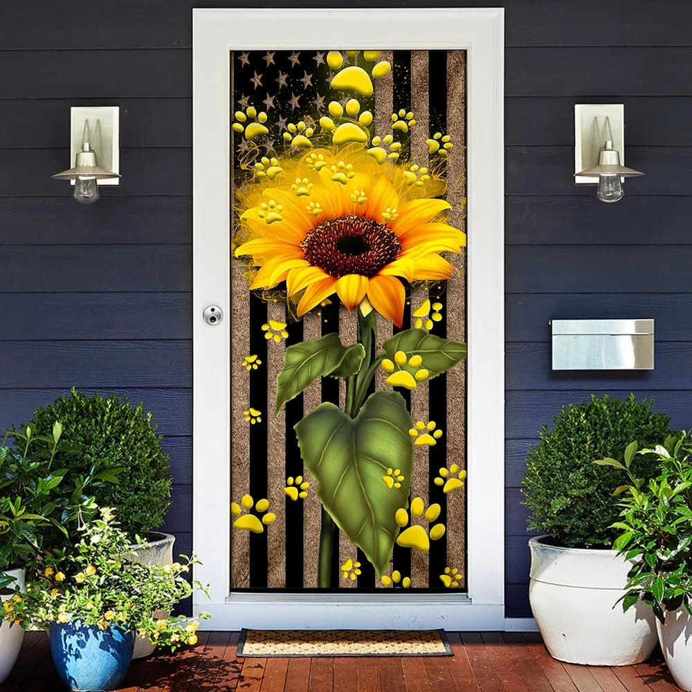 Sunflower Dog Paw Door Cover, Xmas Outdoor Decoration, Gifts For Dog Lovers, Christmas Gift