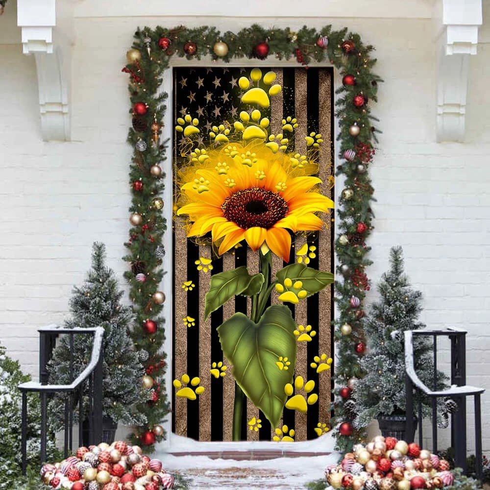 Sunflower Dog Paw Door Cover, Xmas Outdoor Decoration, Gifts For Dog Lovers, Christmas Gift