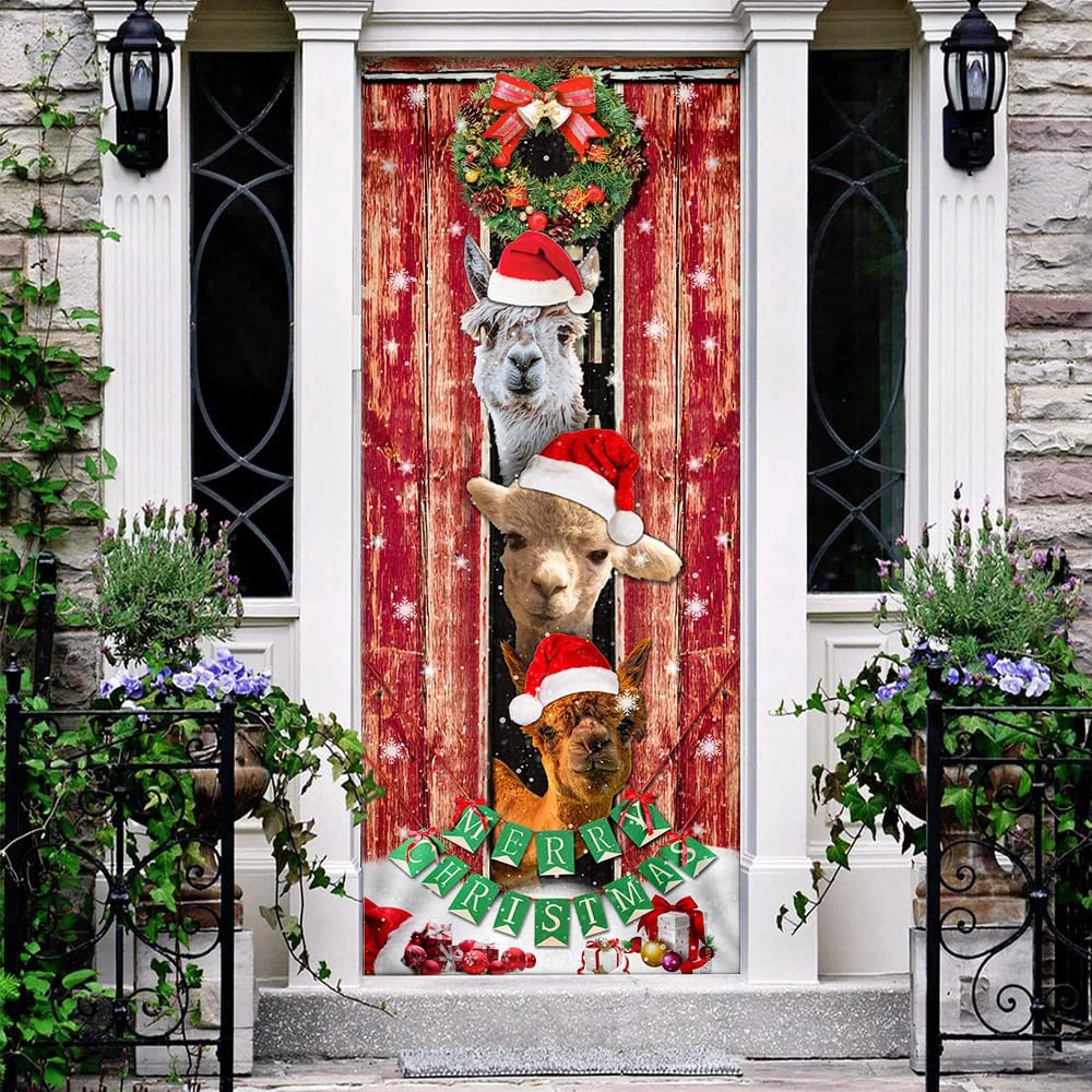 Three Alpacas Happy Place Door Cover, Front Door Christmas Cover, Christmas Outdoor Decoration, Christmas Gift