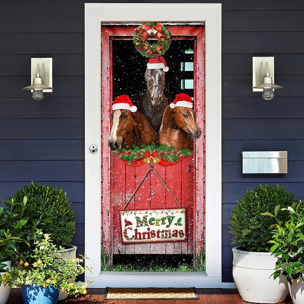 Three Horses In The Barn Door Cover, Unique Gifts Doorcover, Holiday Decor, Christmas Gift
