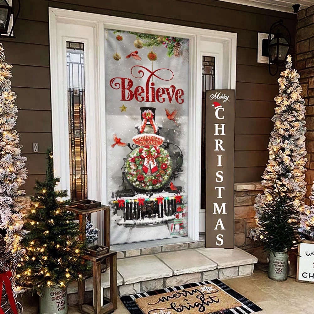 Train Christmas Believe Door Cover, Christmas Outdoor Decoration For Christmas, Christmas Gift