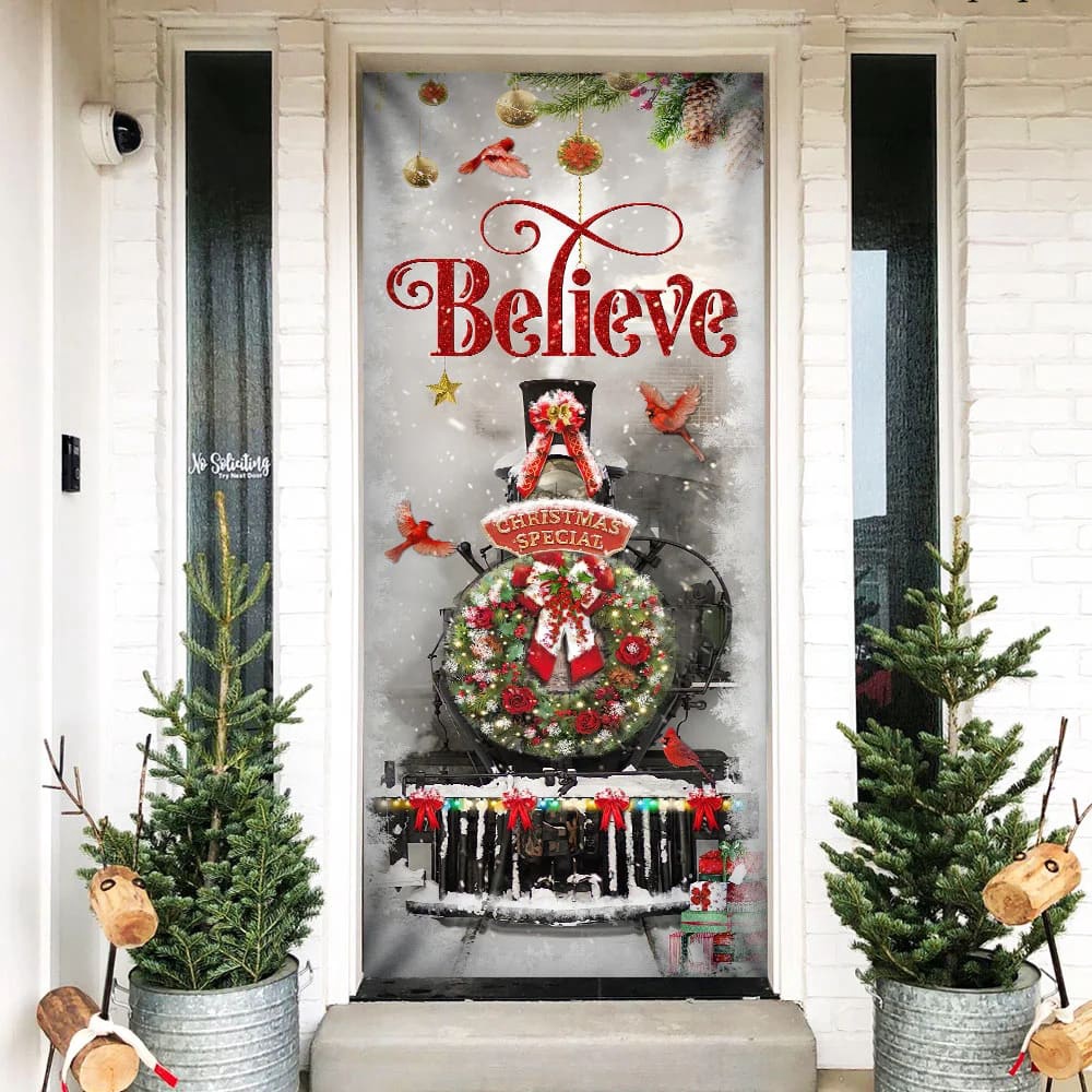 Train Christmas Believe Door Cover, Unique Gifts Doorcover, Christmas Gift For Friends, Christmas Gift