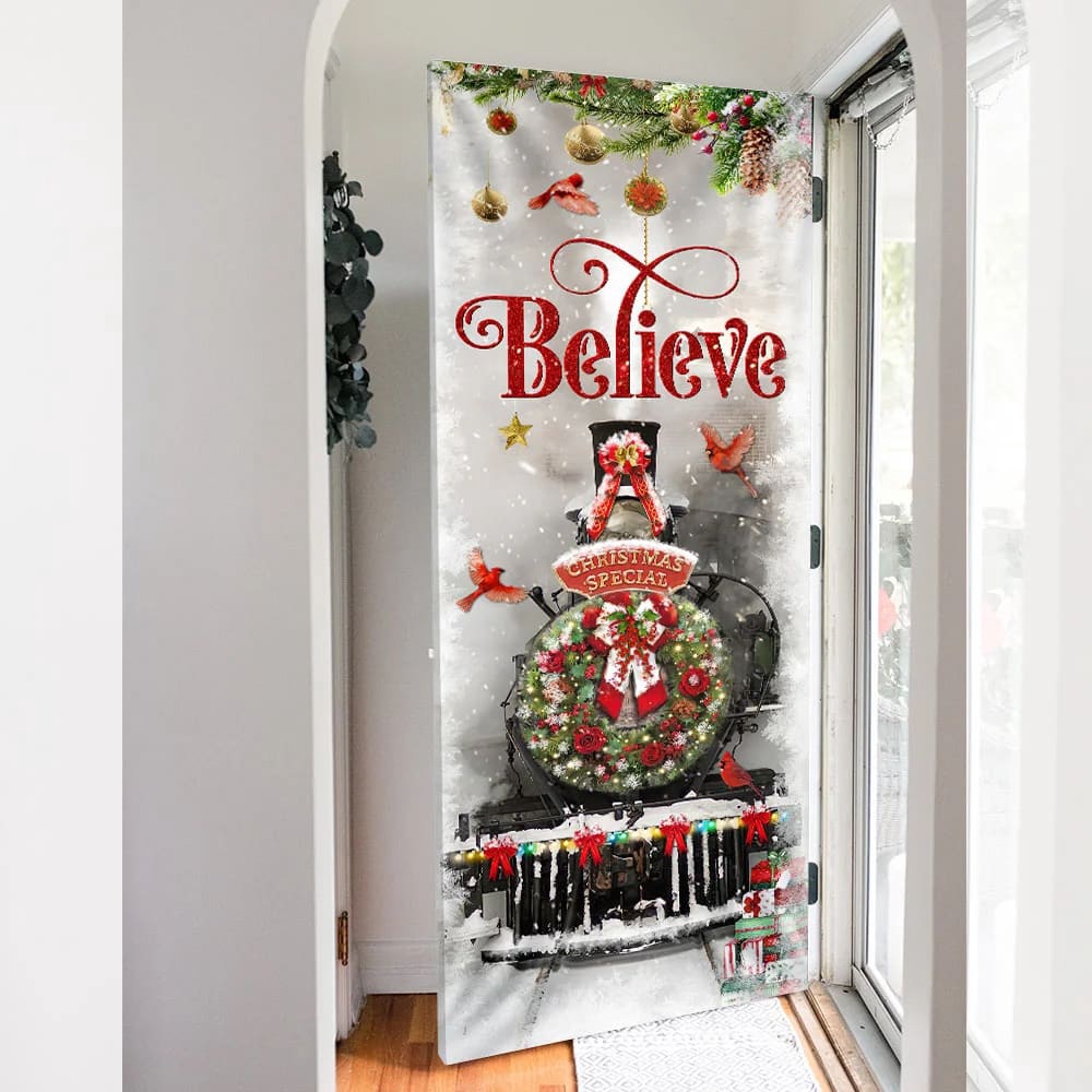 Train Christmas Believe Door Cover, Unique Gifts Doorcover, Christmas Gift For Friends, Christmas Gift