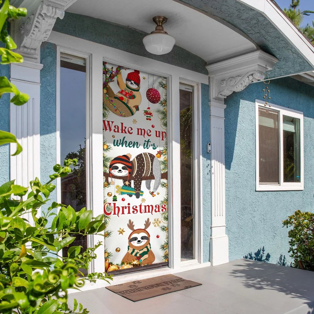 Wake Me Up When It’s Christmas Door Cover, Sloth Door Cover, Unique Gifts Doorcover, Christmas Gift
