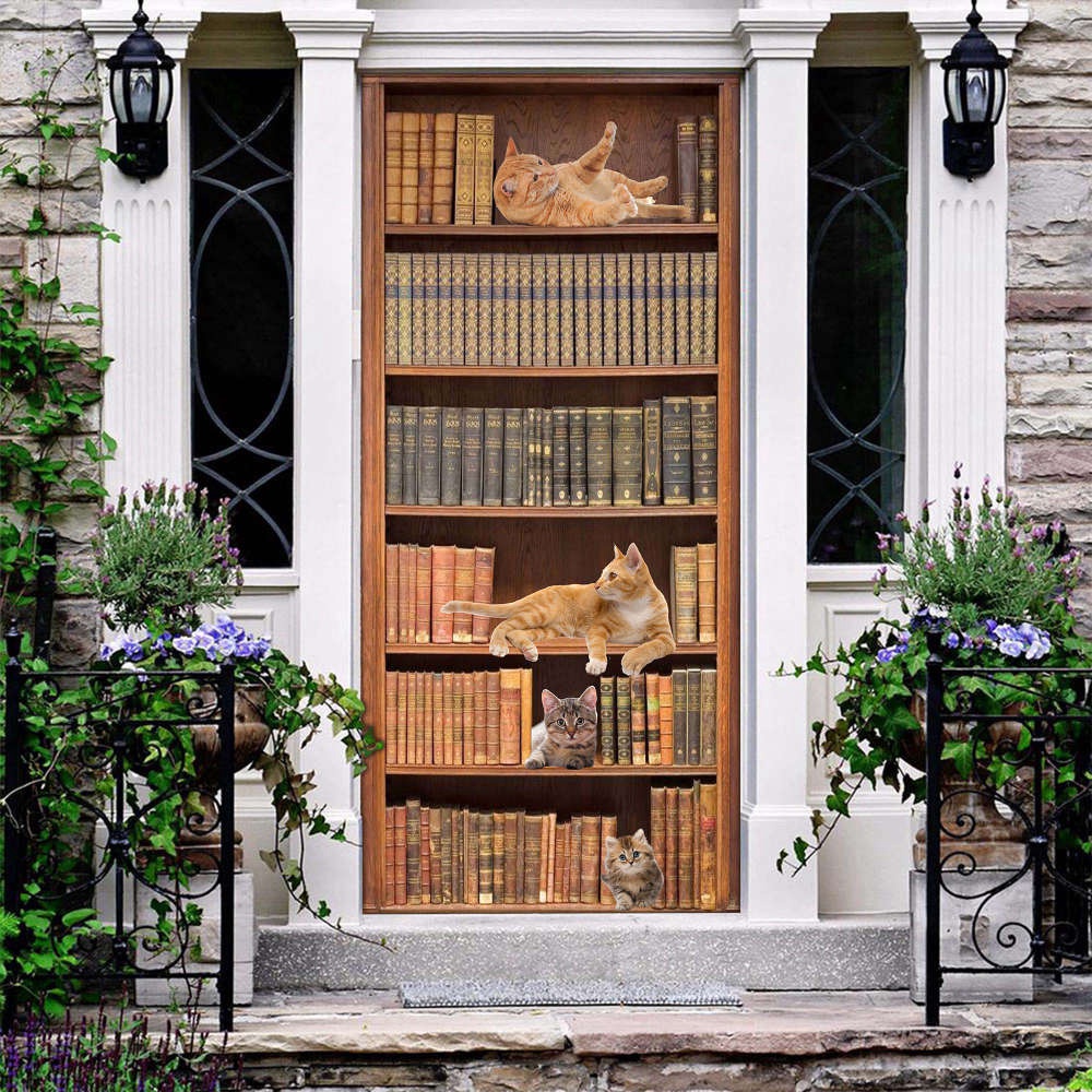 Whimsical Cat in Book Library Door Cover, Gift For Decoration, Christmas Gift