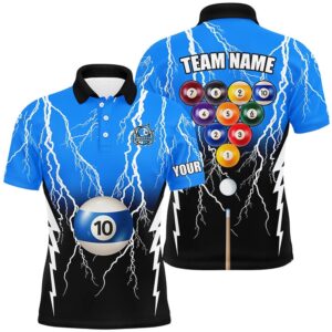 10 Ball Pool Custom Black Blue Lightning Thunder Polo Shirts, 10 Ball Billiard Apparel Clothing, Personalized Billiard Polo Shirt