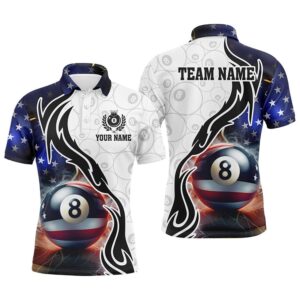 3D 8 Ball Pool Lightning US Flag Billiard Shirts, Patriotic Shirts For Pooler, Personalized Billiard Polo Shirt
