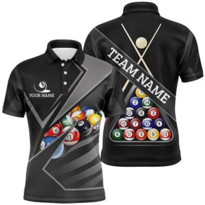 3D Billiard Balls Black Polo Shirts, Custom Name 8 Ball Pool Polo, Personalized Billiard Polo Shirt