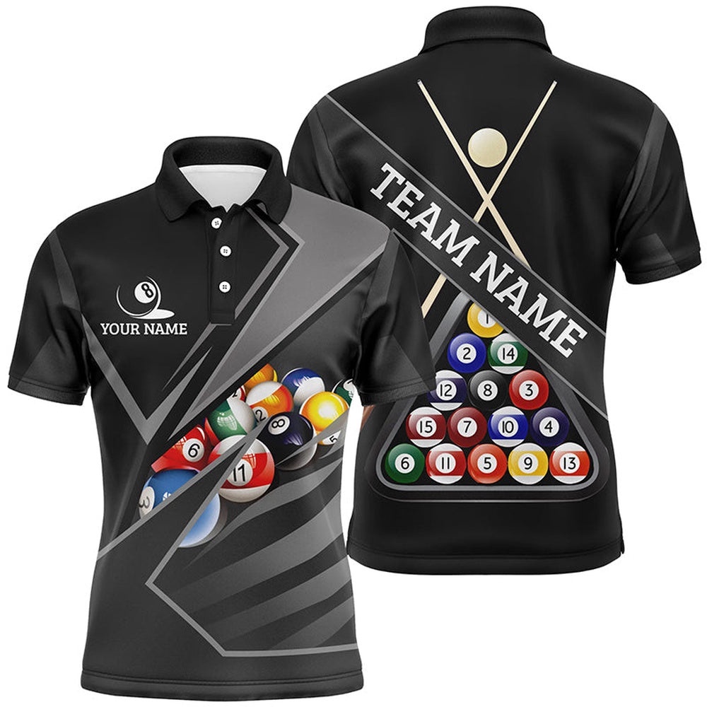 3D Billiard Balls Black Polo Shirts, Custom Name 8 Ball Pool Polo, Personalized Billiard Polo Shirt
